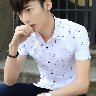 衬衫男短袖修身韩版潮流帅气青少年学生休闲夏季薄款个性印花衬衣