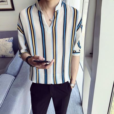 夏季薄款条纹衬衫男短袖修身韩版潮流宽松休闲中袖五分袖衬衣男士