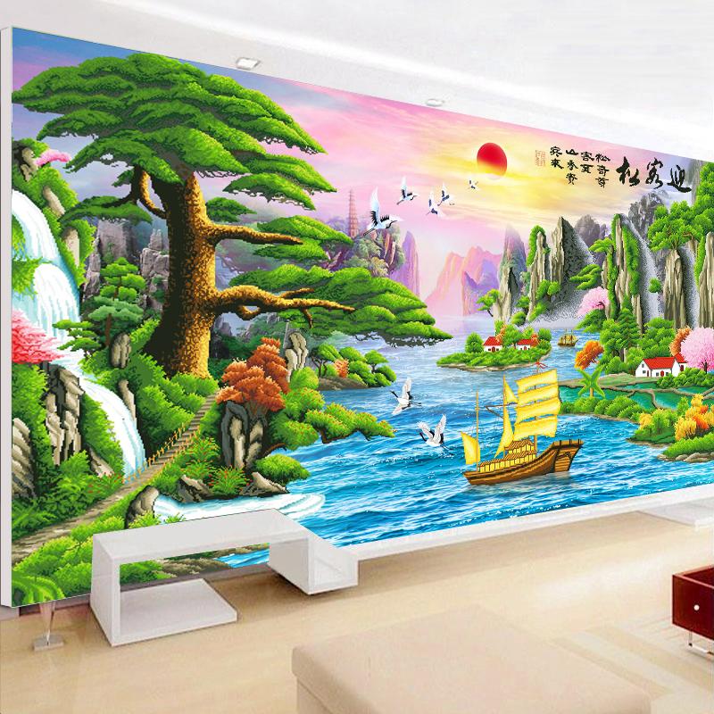 新款迎客松钻石画客厅点贴钻十字绣5d满钻圆钻风景山水画简约现代